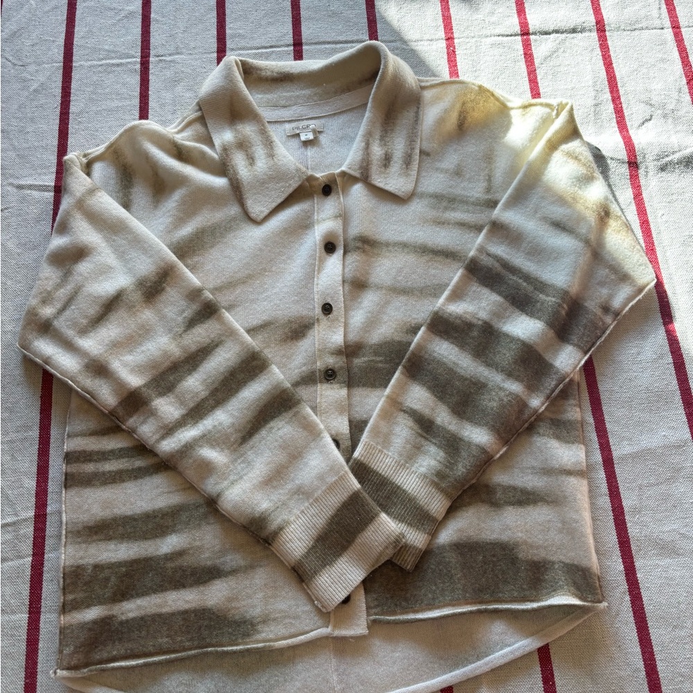 Anthropologie Pilcro Cream and green/gold Striped Cashmere Cardigan